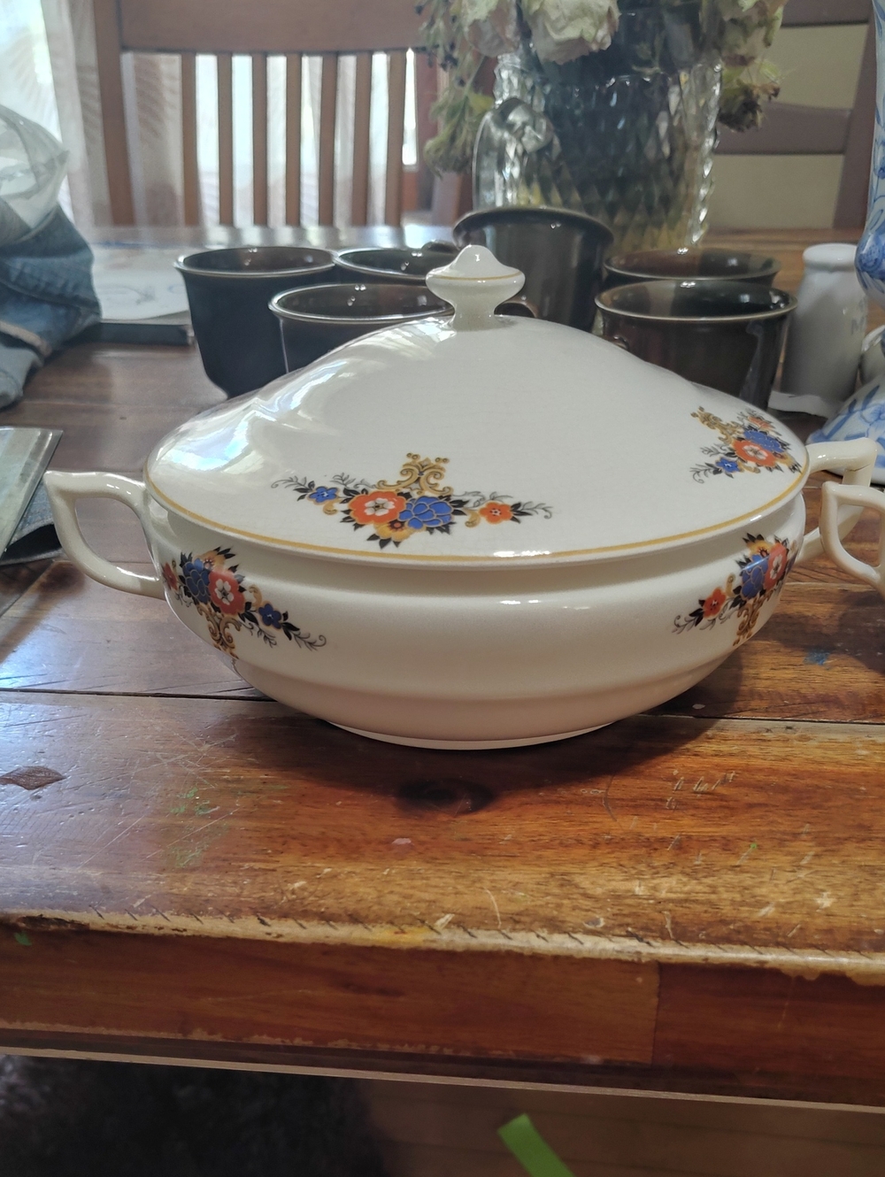 Covered Serving Tureen with Floral Motif - White with Blue & Orange Flowers